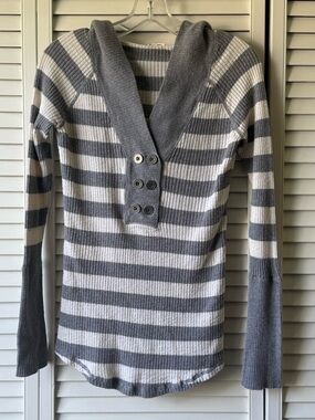 Mossimo Supply Co. Gray & White Striped Hooded Button-Placket Sweater